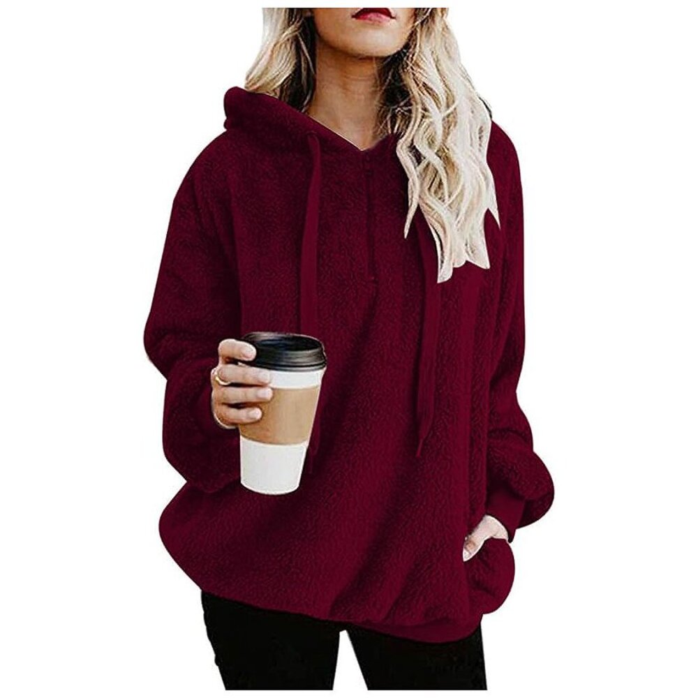 Women's Fuzzy Hoodies Sport Pullover Hoodie Wine Red - Picture 1 of 7
